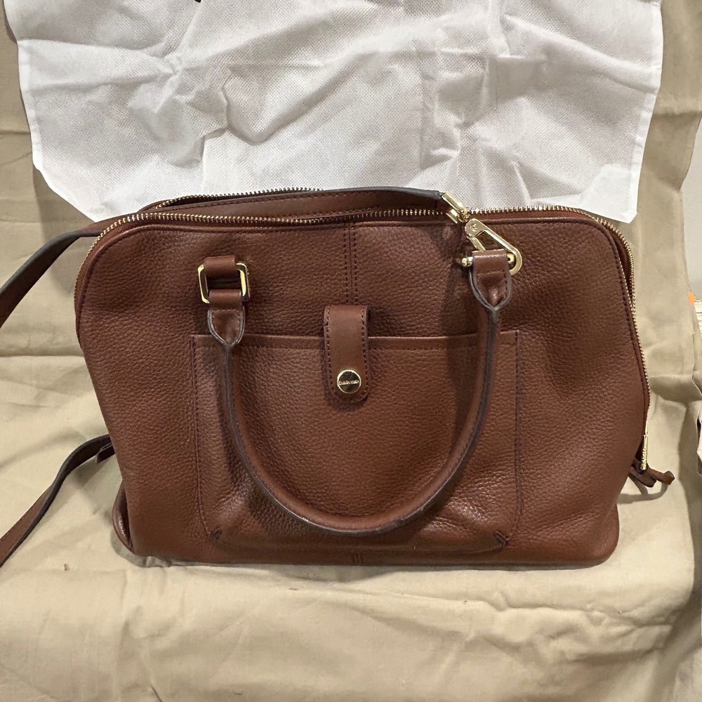Calvin Klein Brown Leather Satchel Dome Top Handle purse 2 pc extra inside bag